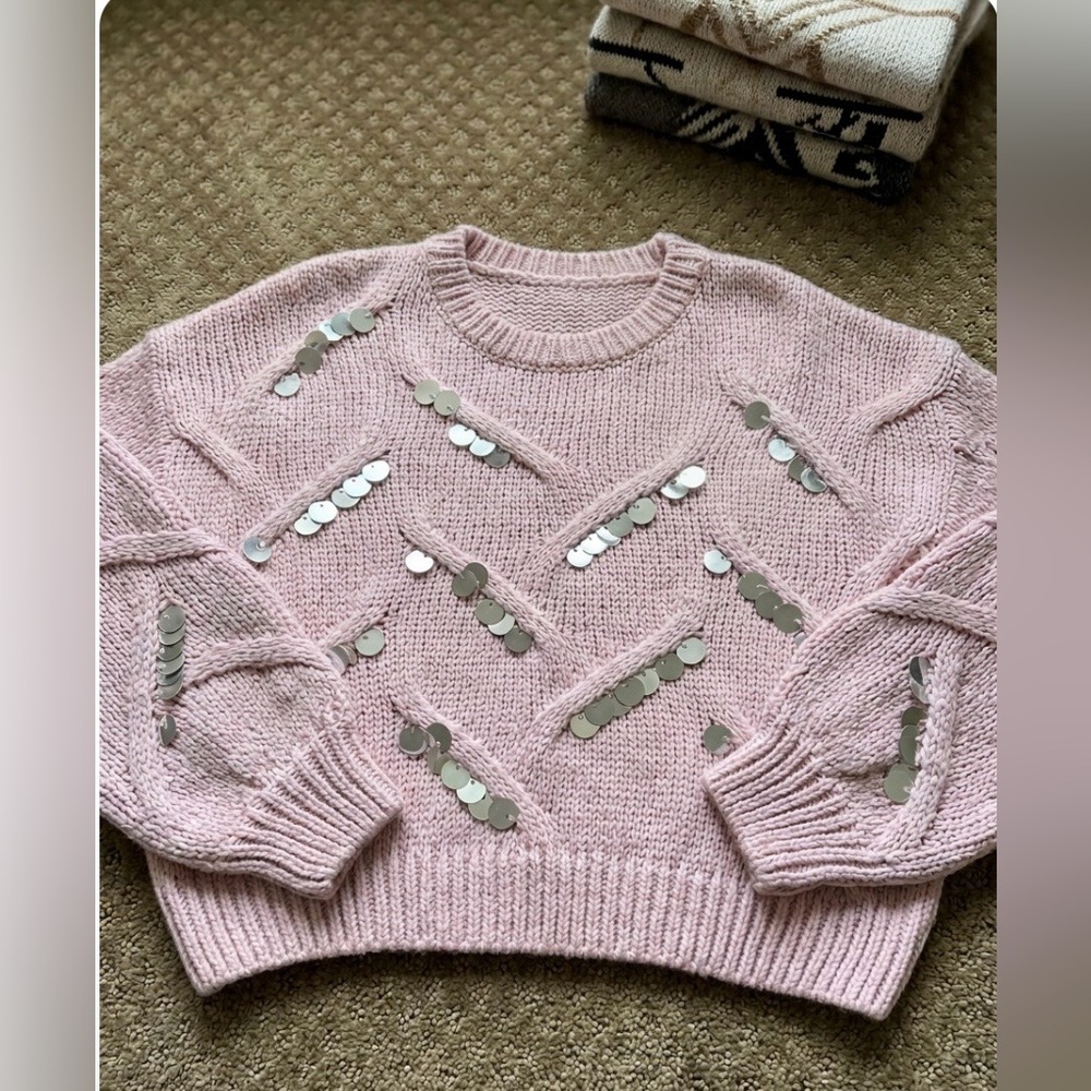 New POL One Of A Kind Sample Sweater - Pink Patterned With Jumbo Sequins